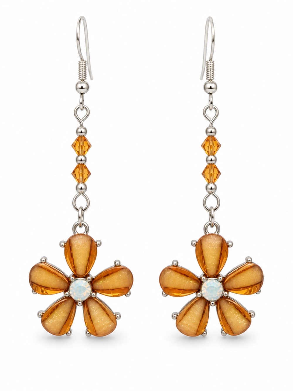 Golden Peachy Amber Flower Drop with Crystal Earrings - Women Jewelry